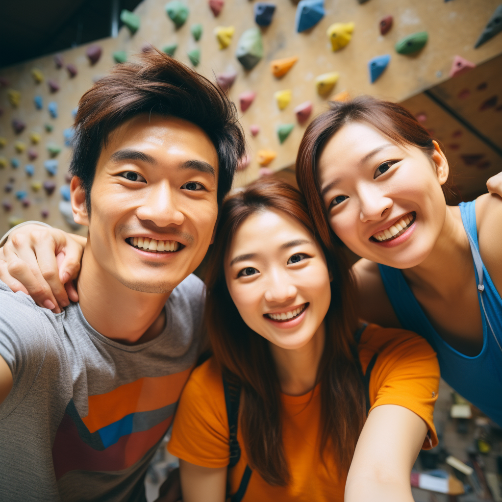 Happy Asian Boy and Two Girls Bouldering