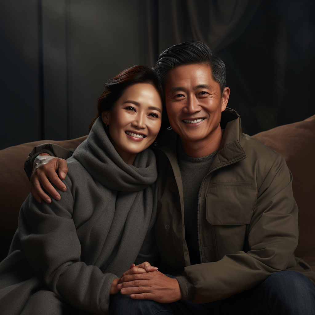 Happy Asian couple on grey sofa