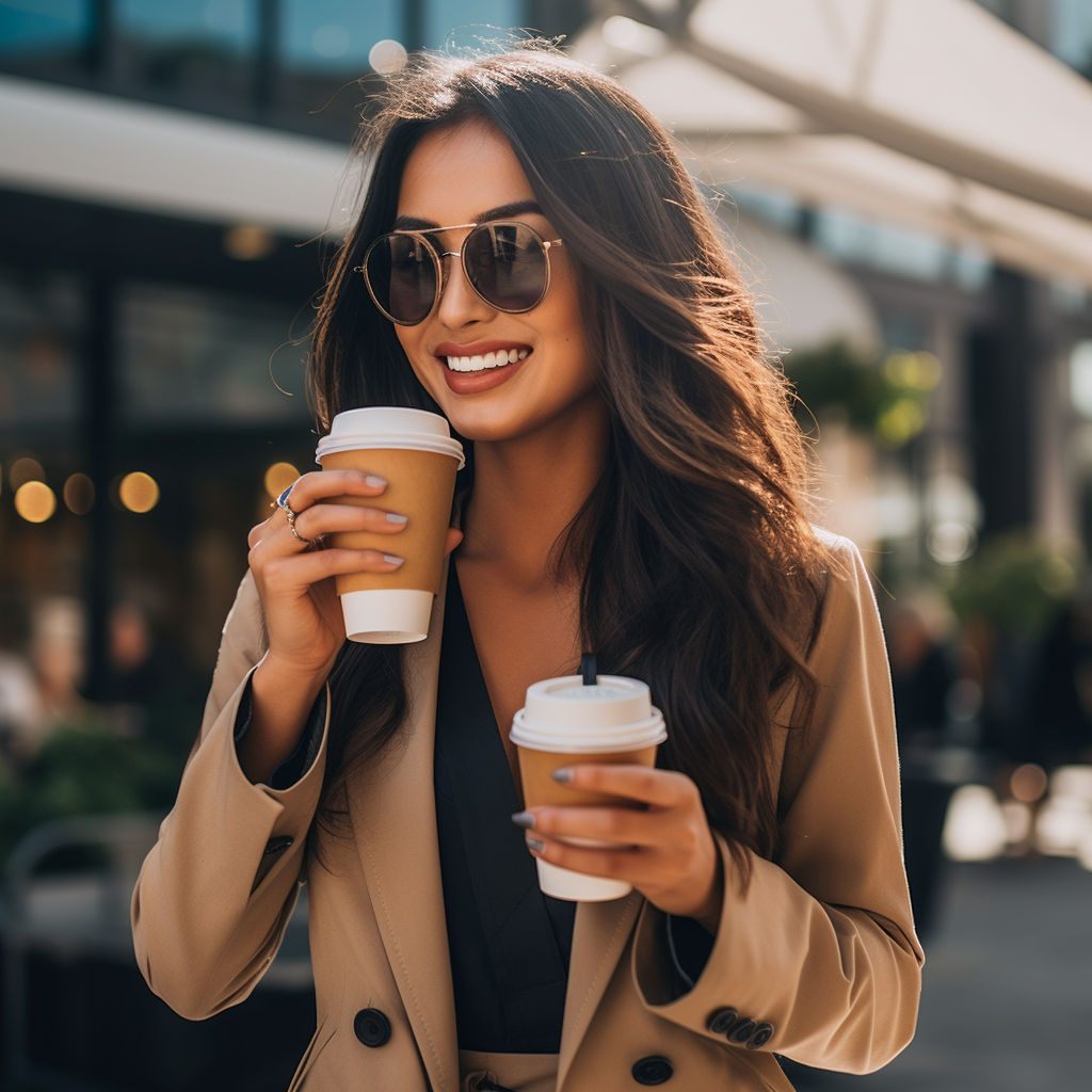 Happy Asian Woman with Coffee outside Business Office (6 words)