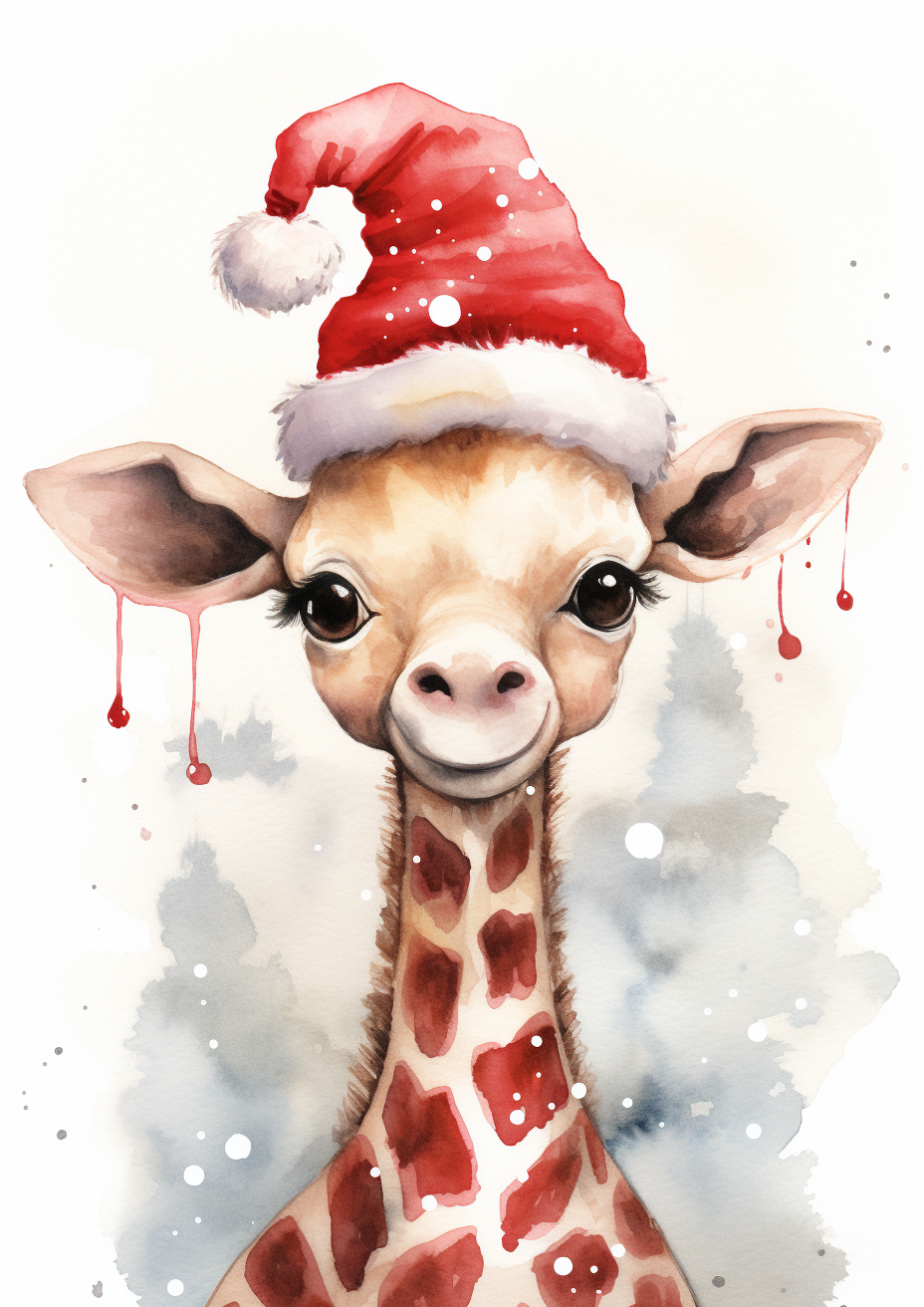 Watercolour-style Baby Giraffe with Christmas Hat