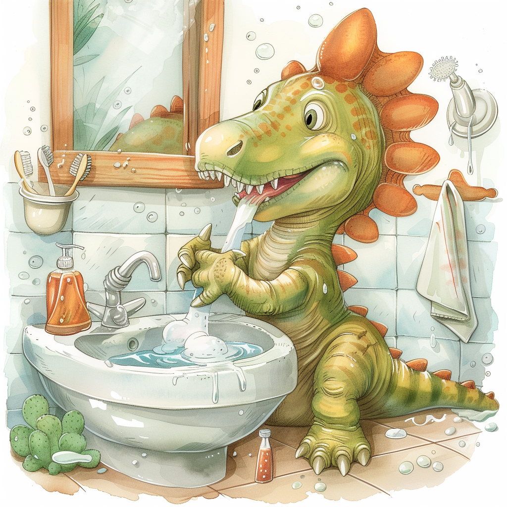 Baby Spinosaurus Washing Hands in Bathroom