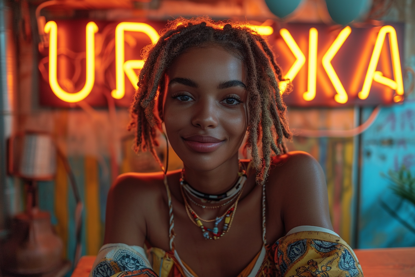 Happy Beauty Black Woman Sitting at Desk