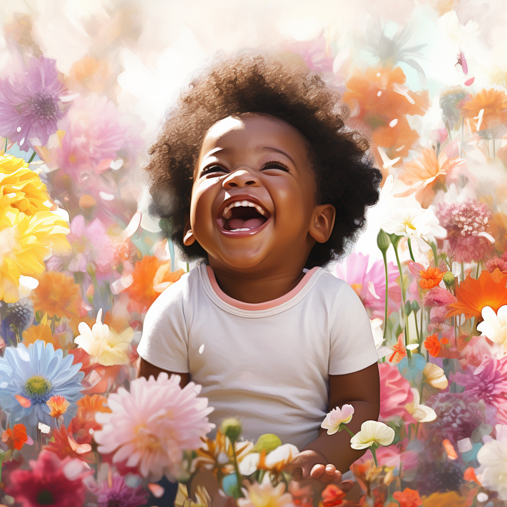 Joyful baby surrounded by vibrant flowers