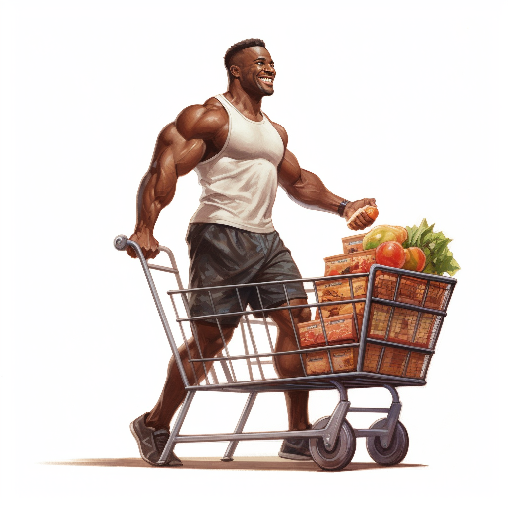 Happy black bodybuilder pushing cart forward