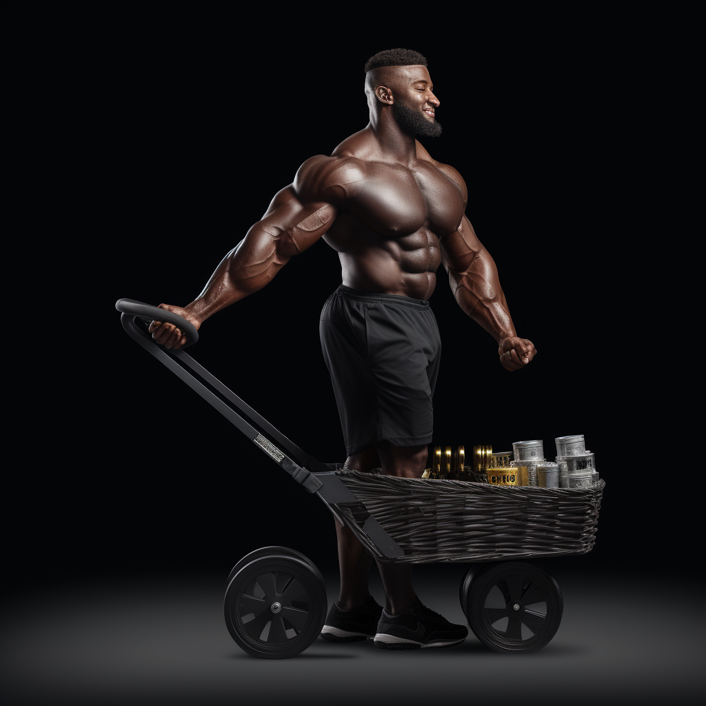 Strong black bodybuilder pushing cart forward