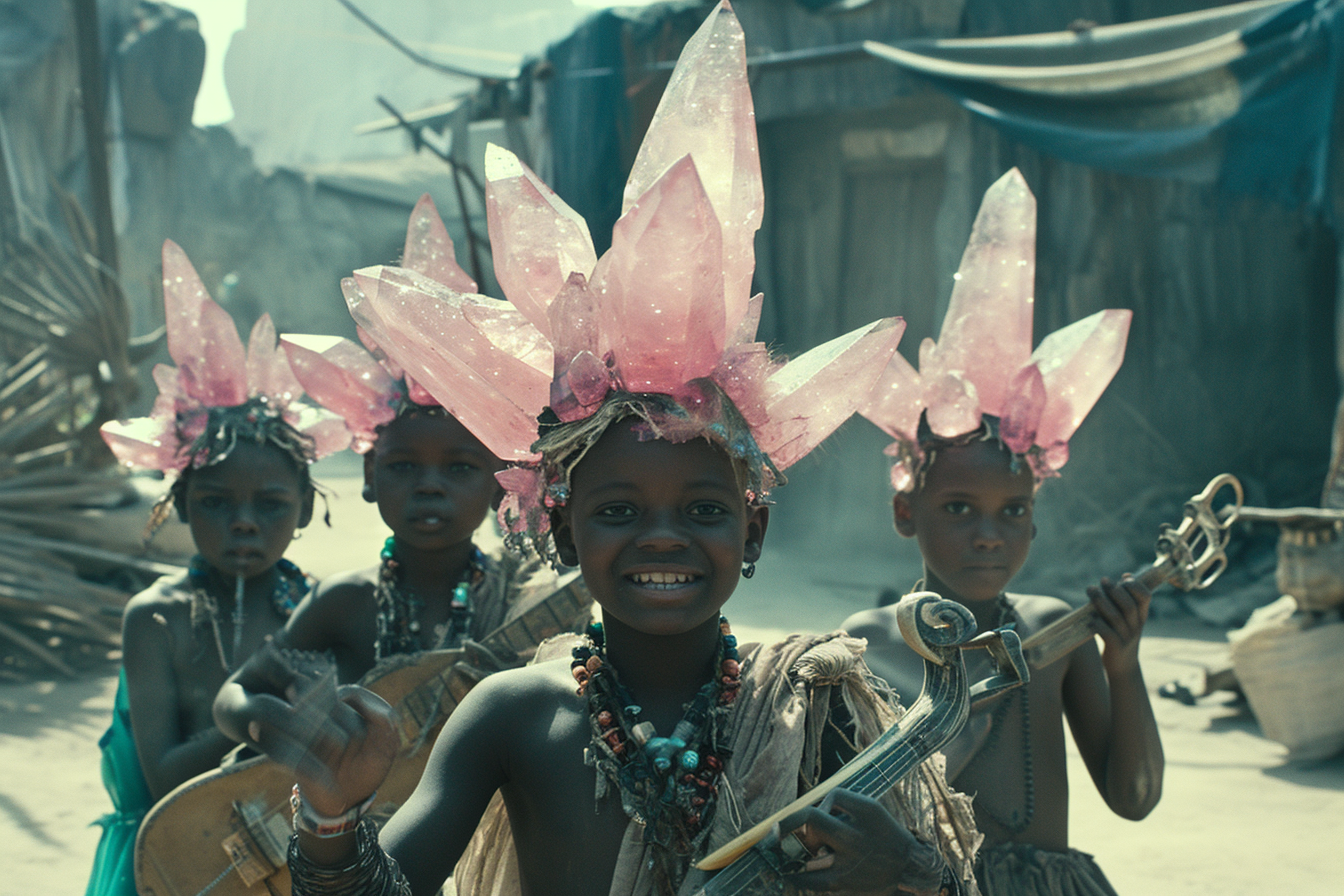 Happy Black Children with Pink Quartz Crystals Playing Instruments