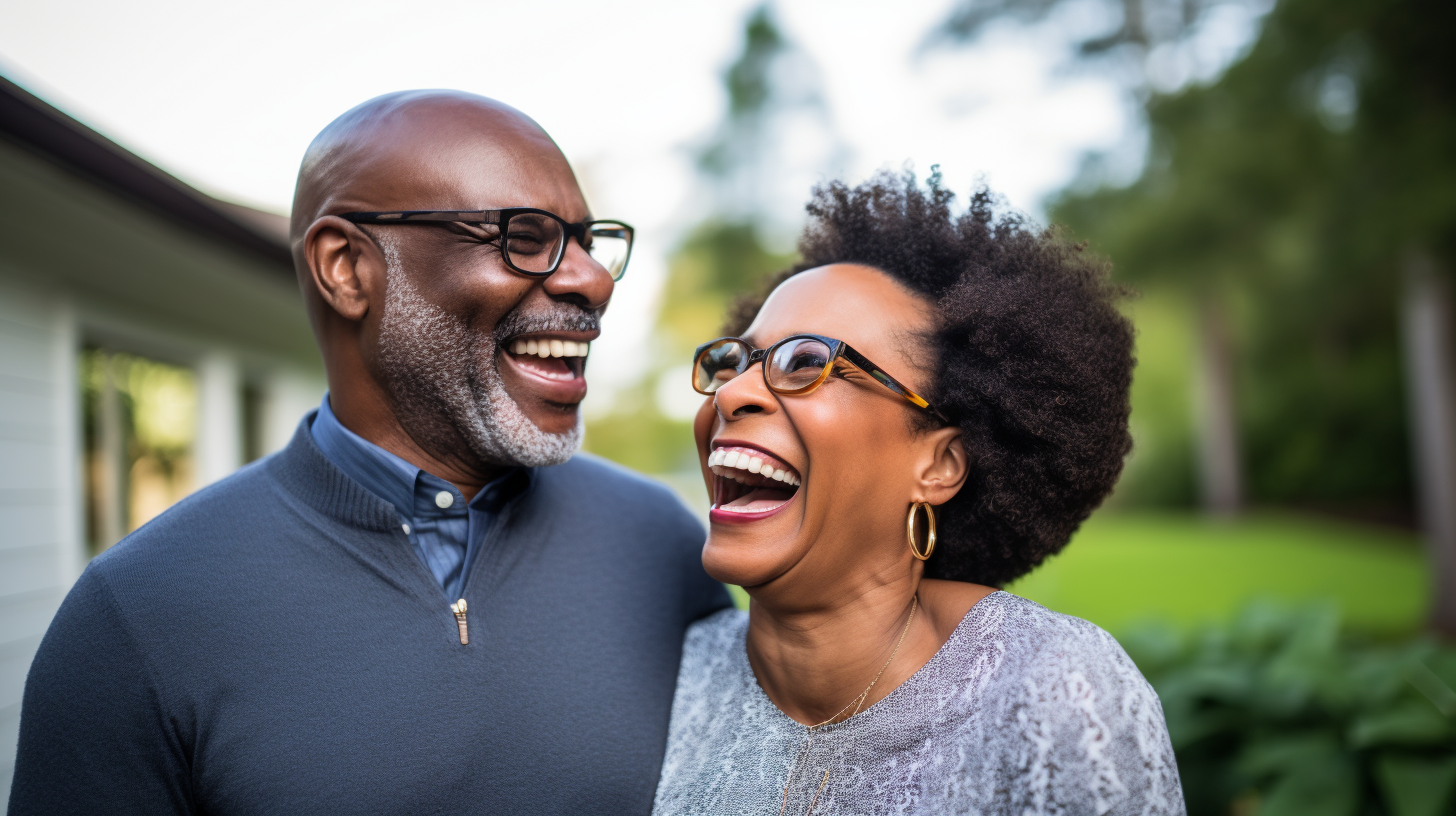 Smiling middle age black couple in well-lit living room