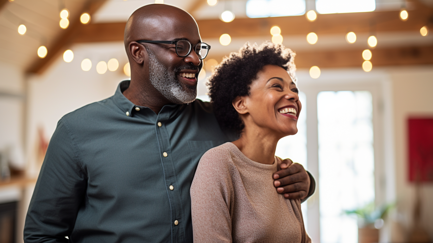 Smiling middle age black couple in brightly lit living room