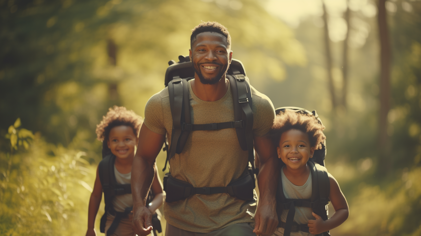 Happy black man playing with twin children in park