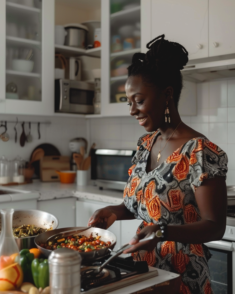 black woman cooking in white kitchen