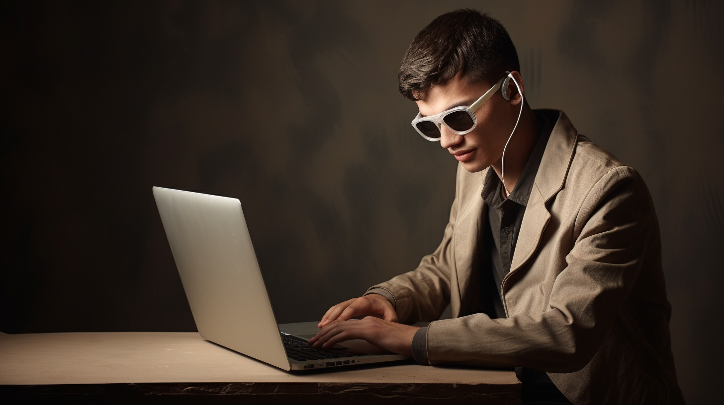 Visually impaired man using laptop joyfully