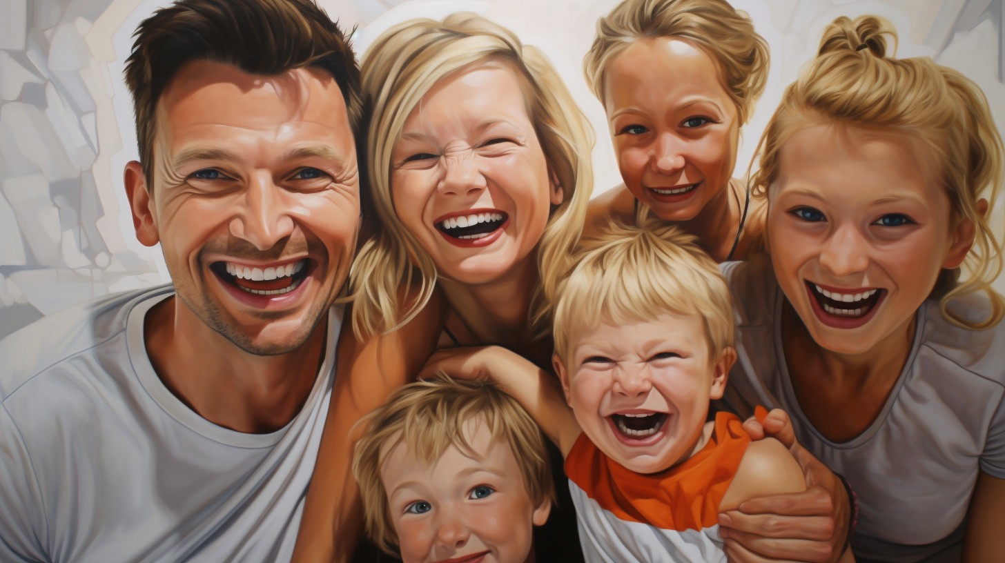 Blond girl with loving family in oil painting