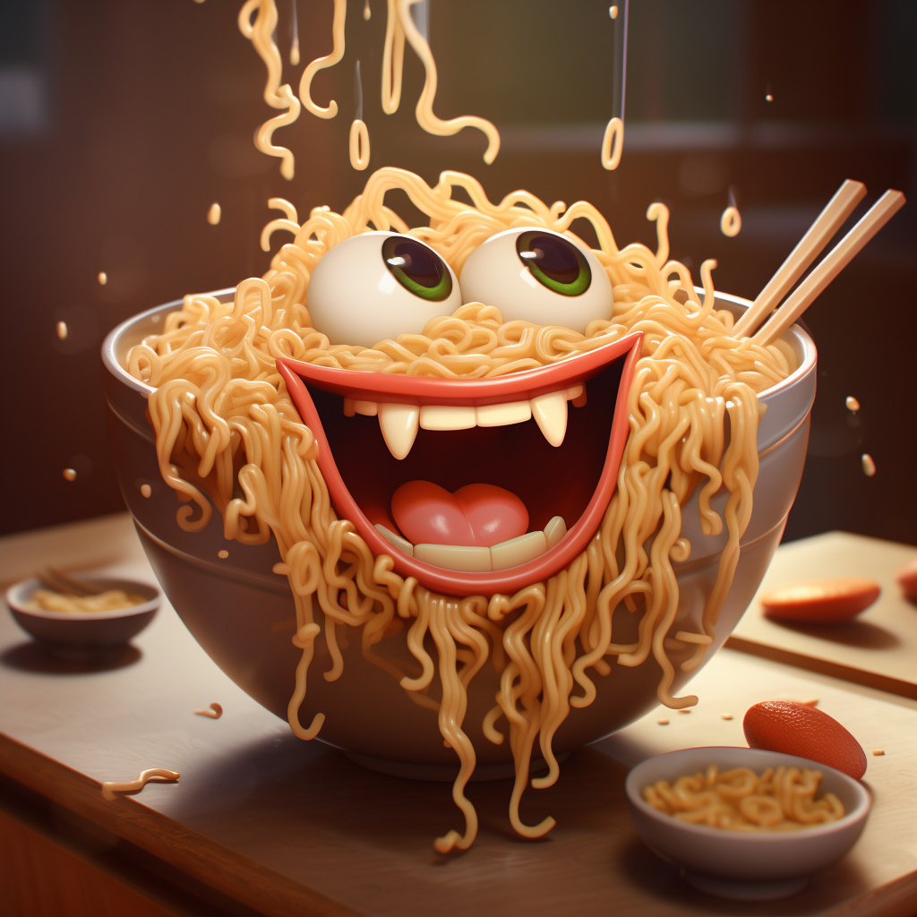 Cartoon illustration of a happy bowl of ramen