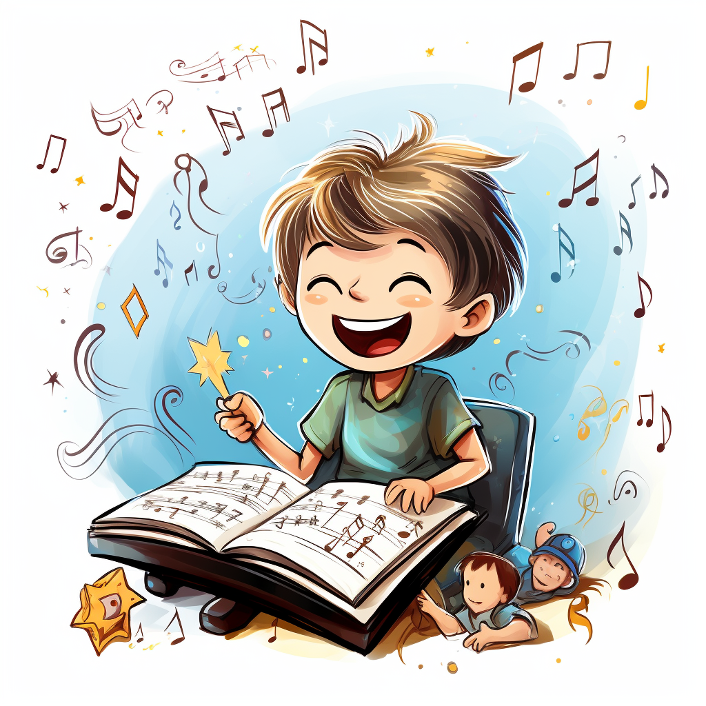 Happy boy learning music theory