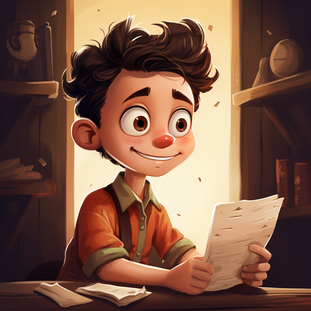 Happy boy holding a letter in cartoon style