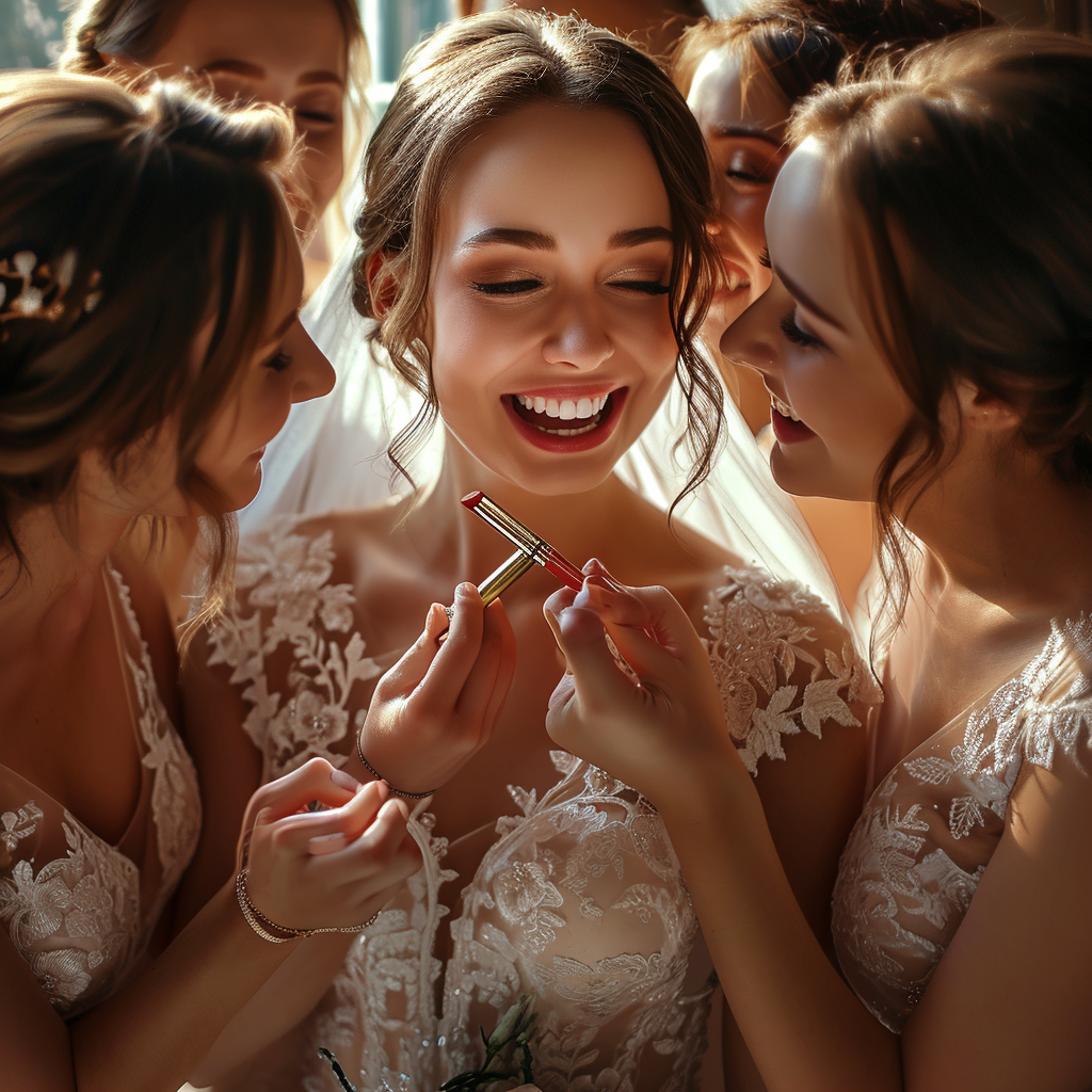 Happy bride with bridesmaids and lipstick