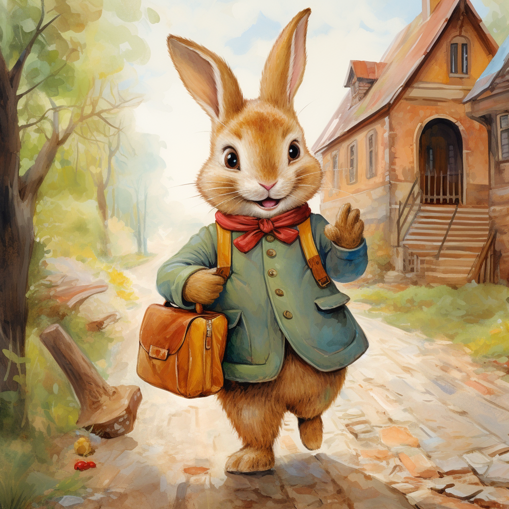 Colorful Beatrix Potter Style Happy Bunny Goes to School