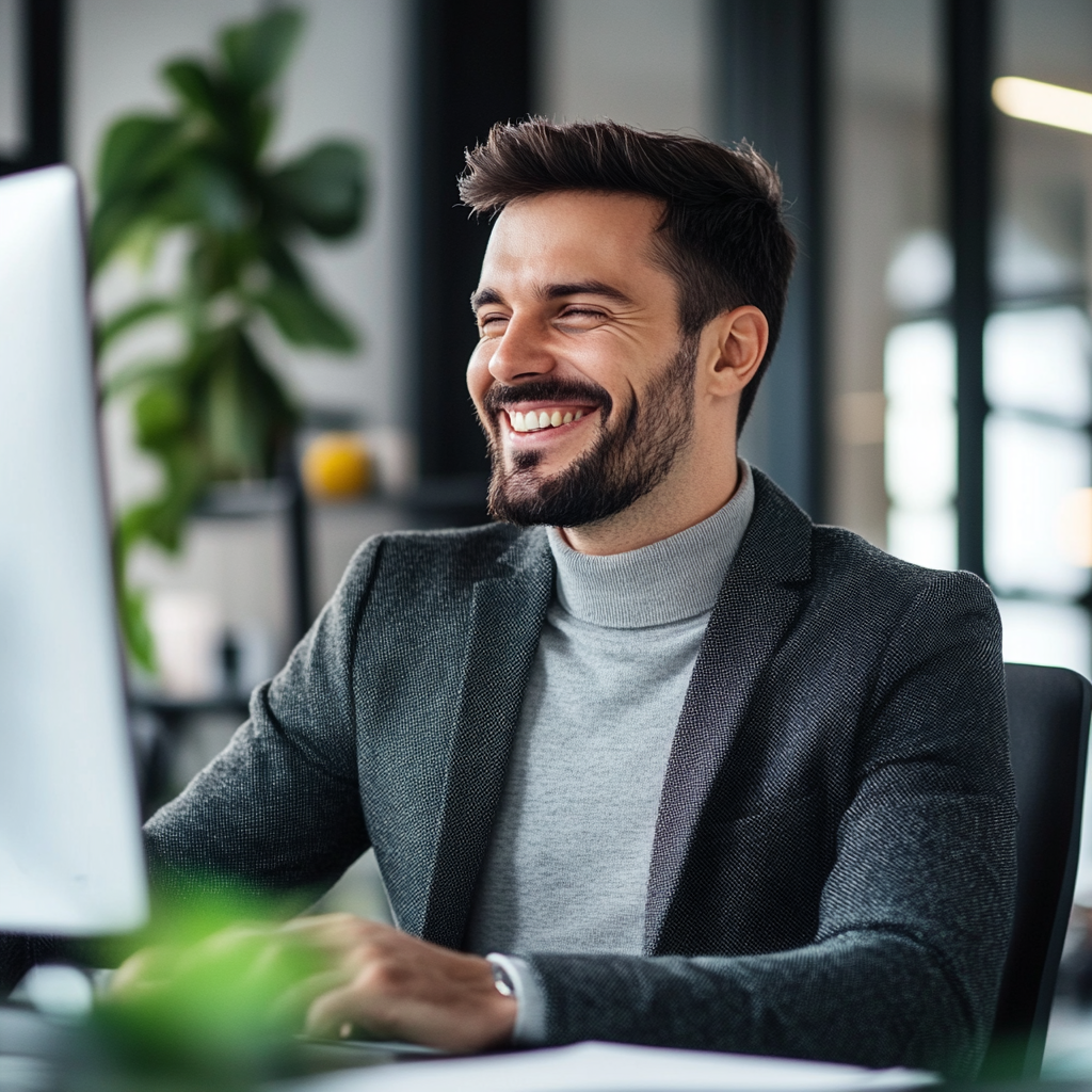 Happy businessman working on payment solution