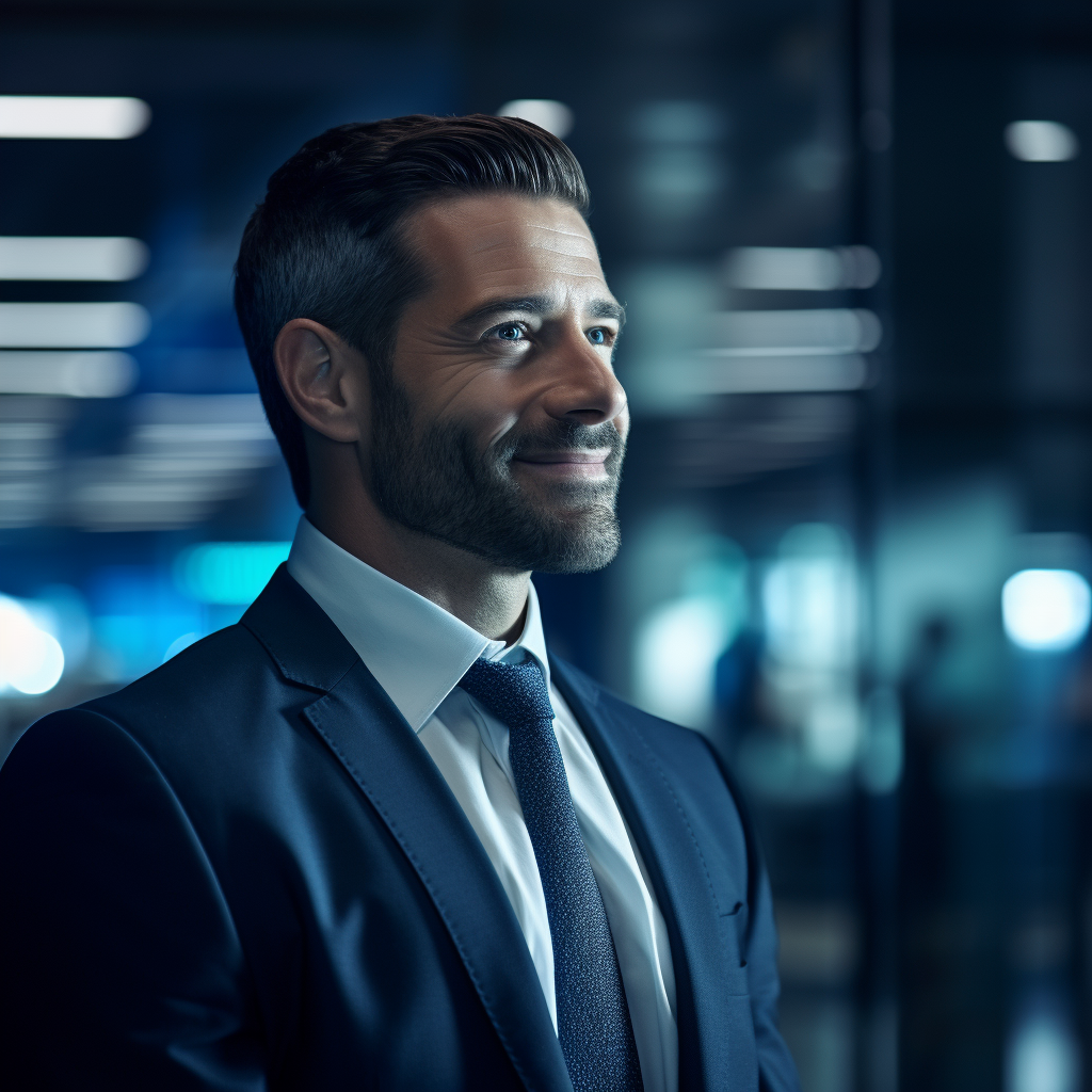 Happy businessman under soft blue lighting