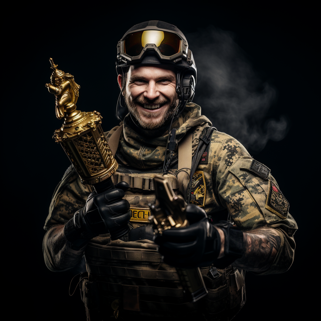 Happy soldier with gold trophy