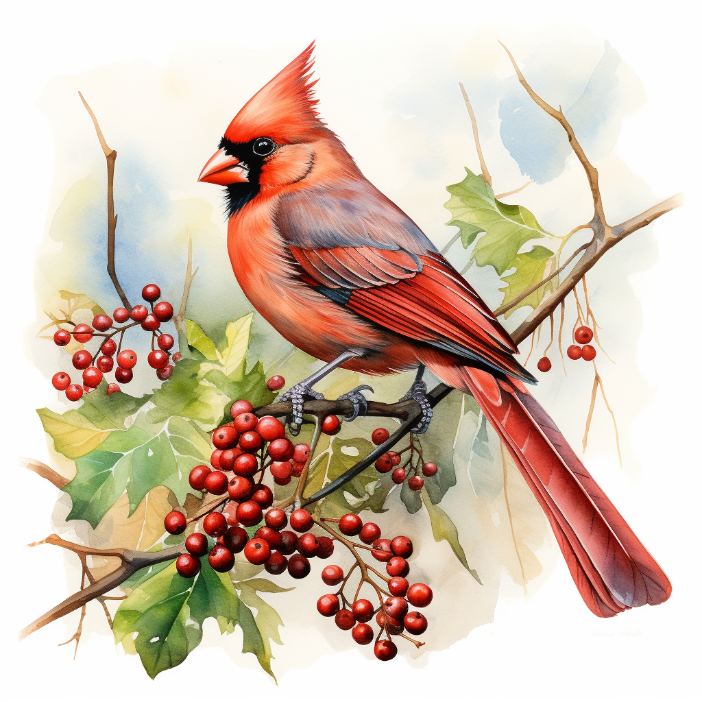 Happy cardinal collecting berries watercolour