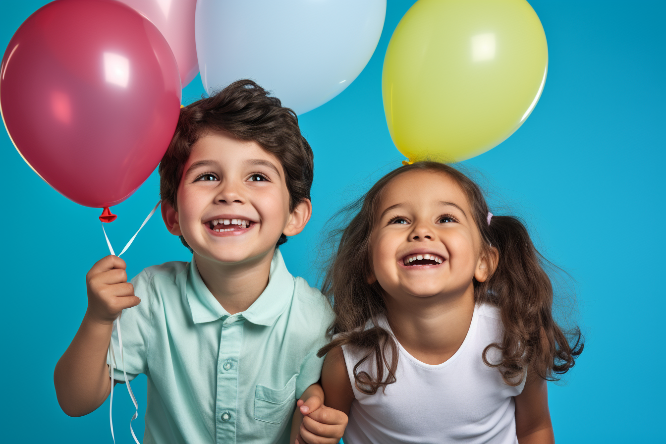 Two happy kids playing with colorful balloons