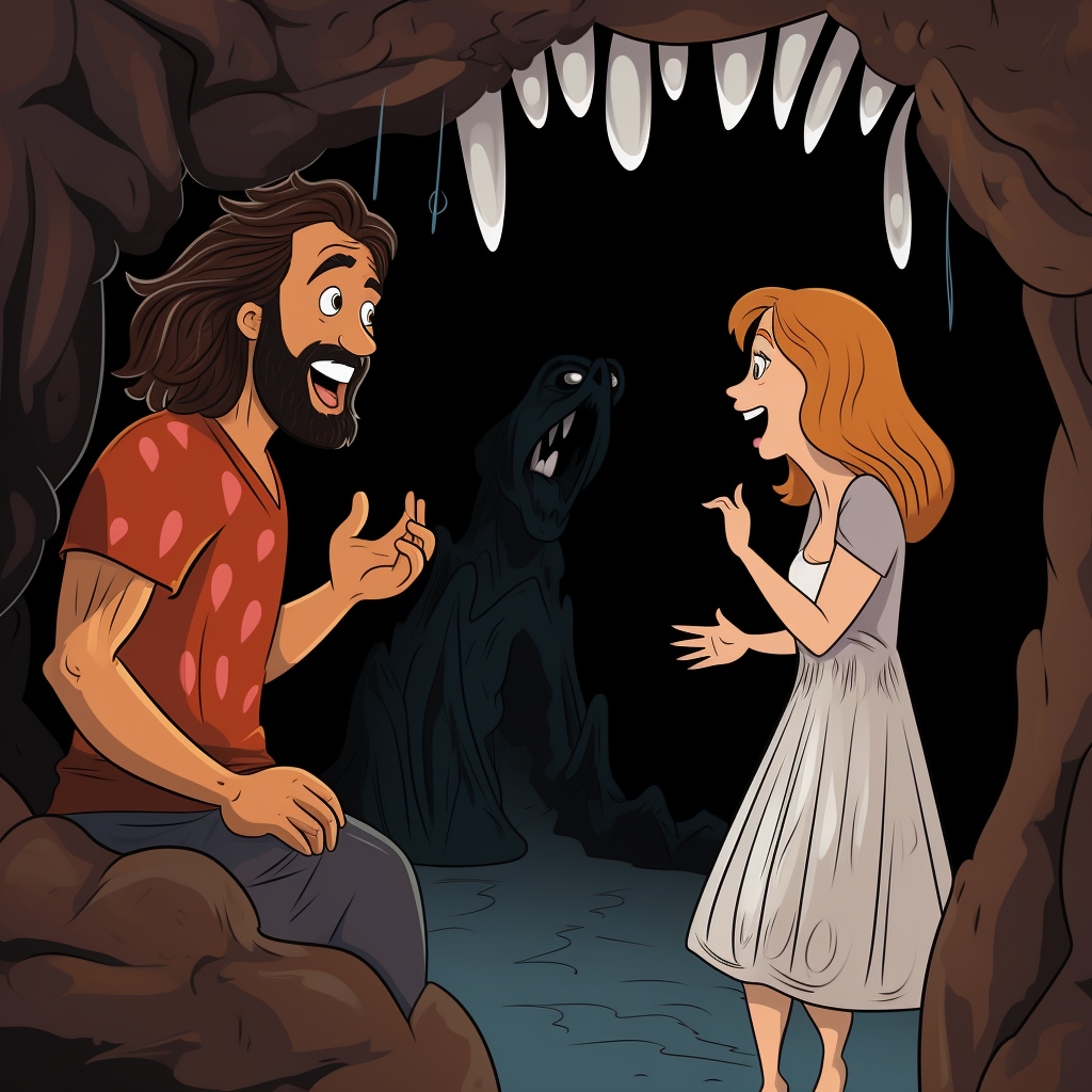 Cartoon caveman talking to Taylor Swift