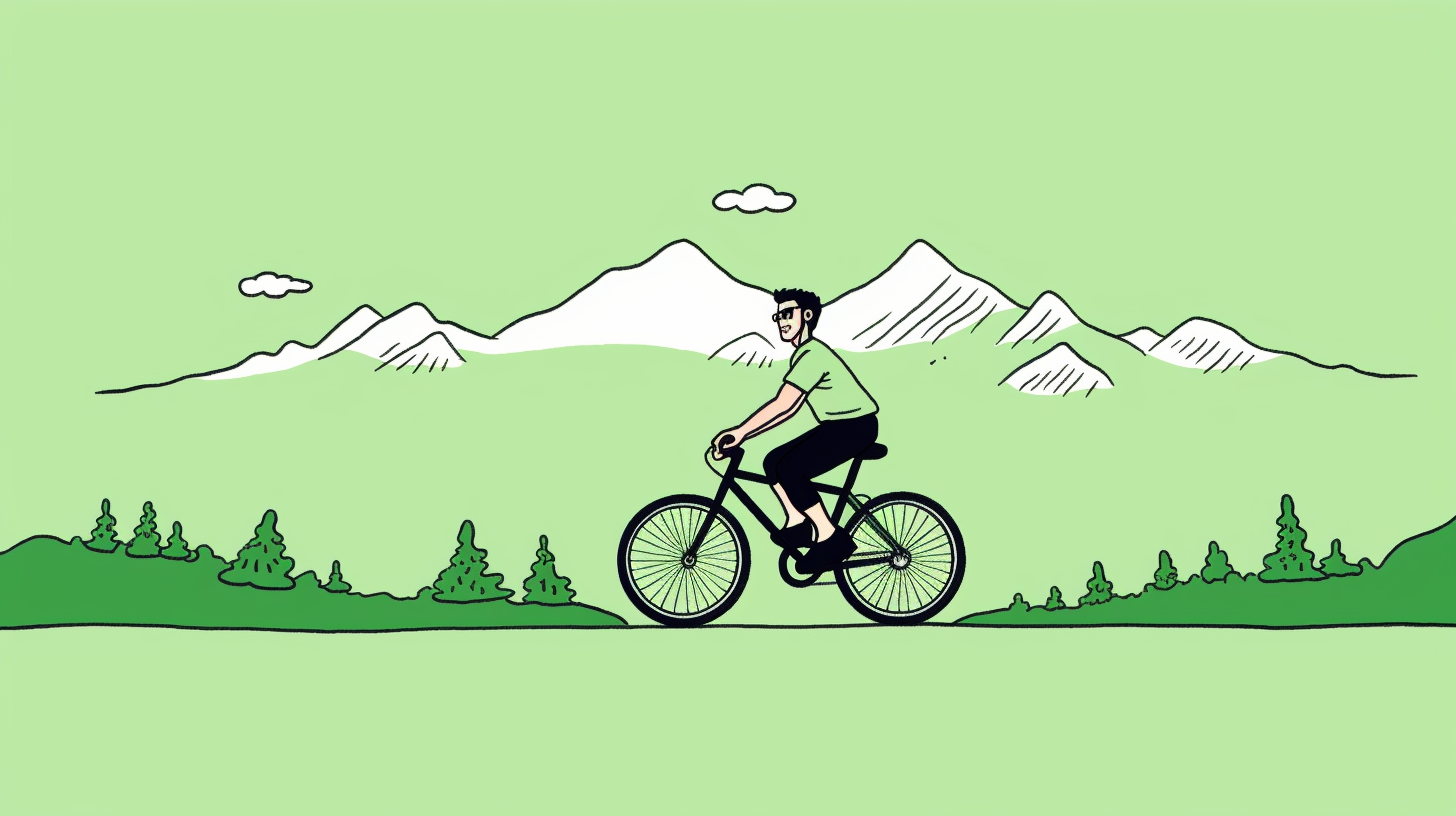 Young male on bicycle in mountain landscape