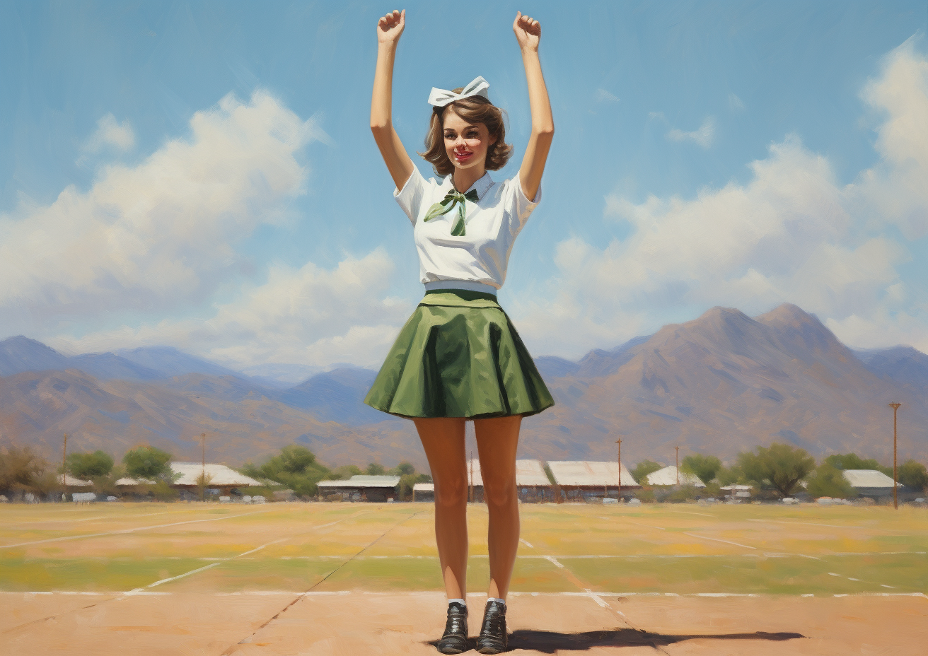 Happy cheerleader on football field in the 1960s