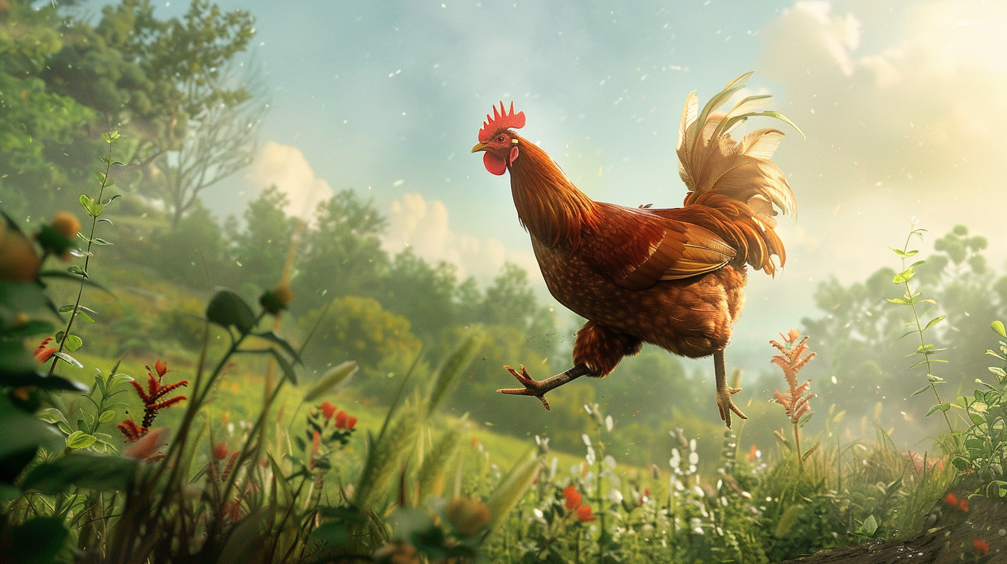 Happy chicken running in landscape