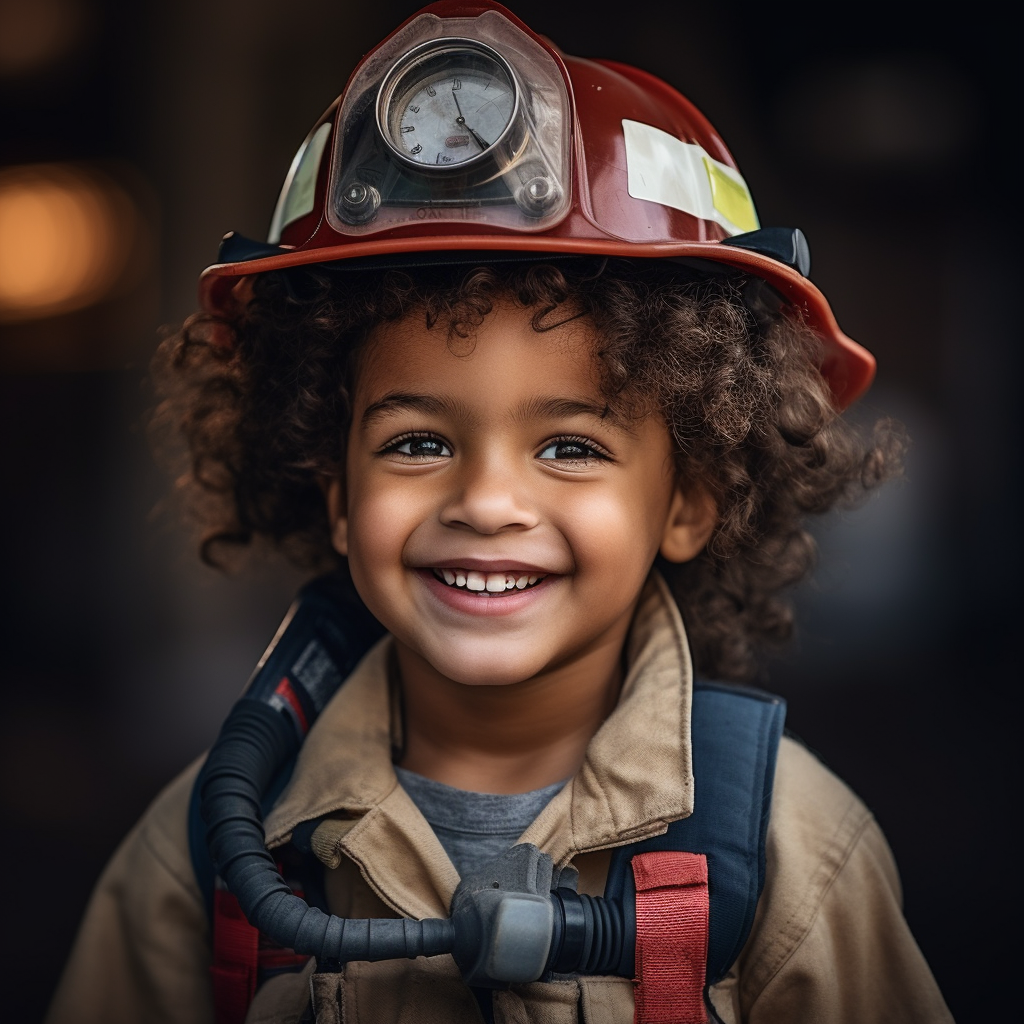 Smiling child in firefighter outfit