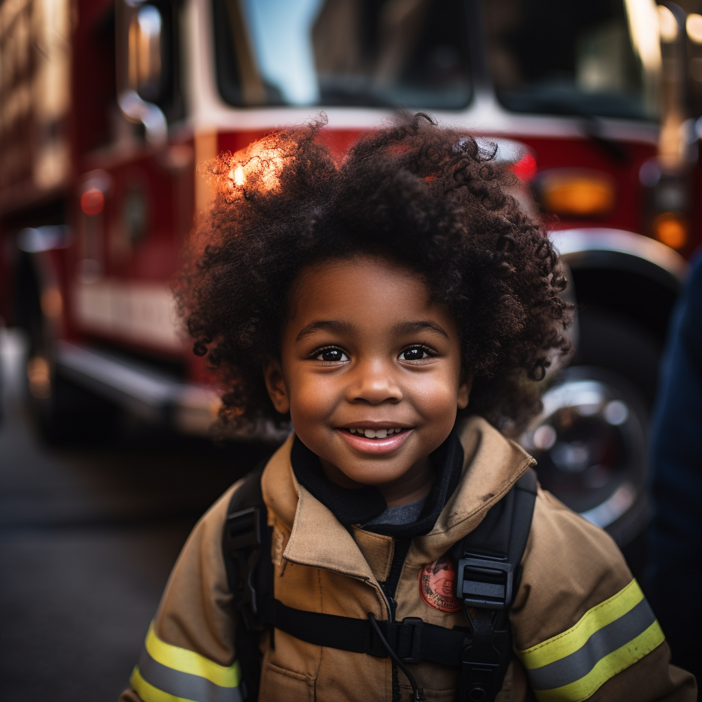 Young child with joyful expression dressed as a firefighter ?