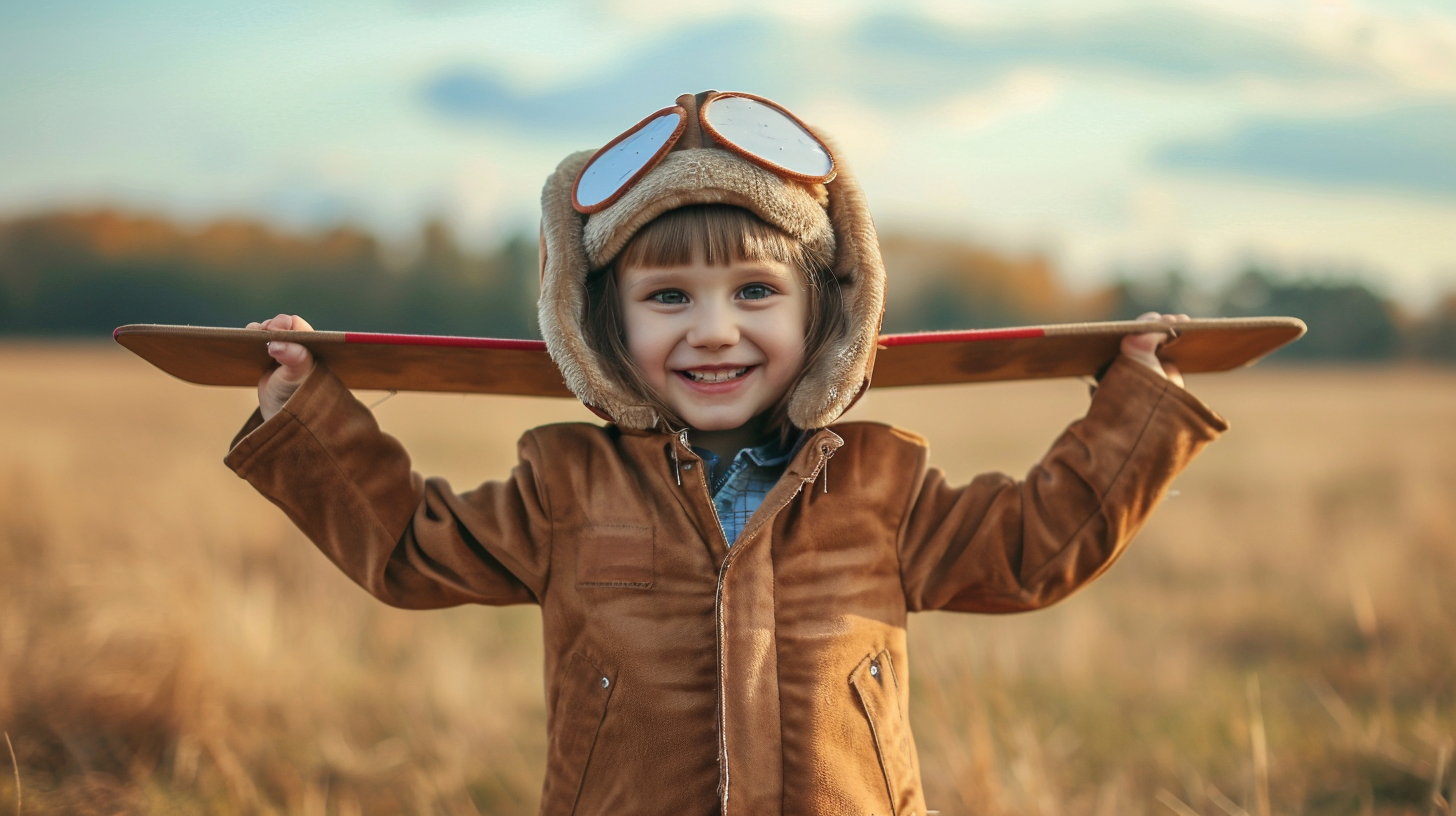 happy child playing outdoors homemade plane costume