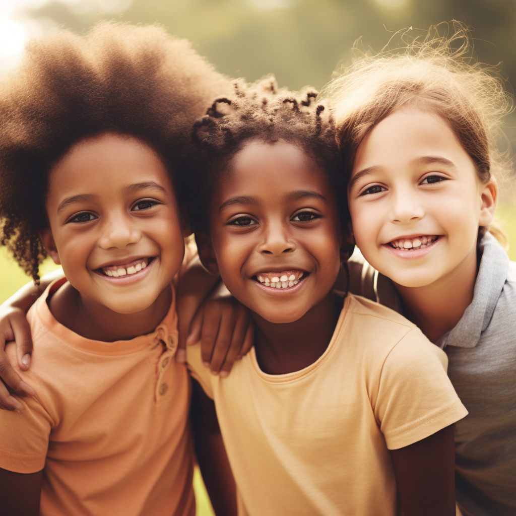 Group of happy children helping others