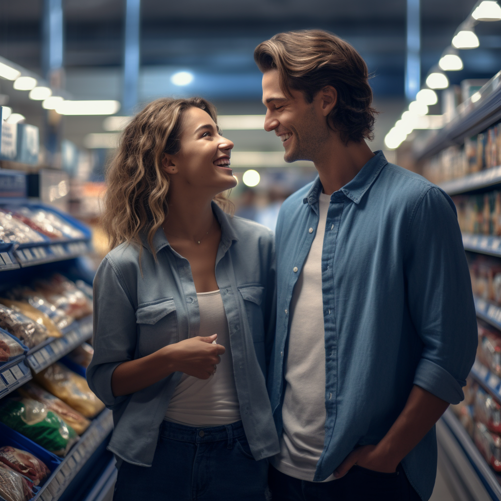 Man and woman having a happy conversation in grocery store