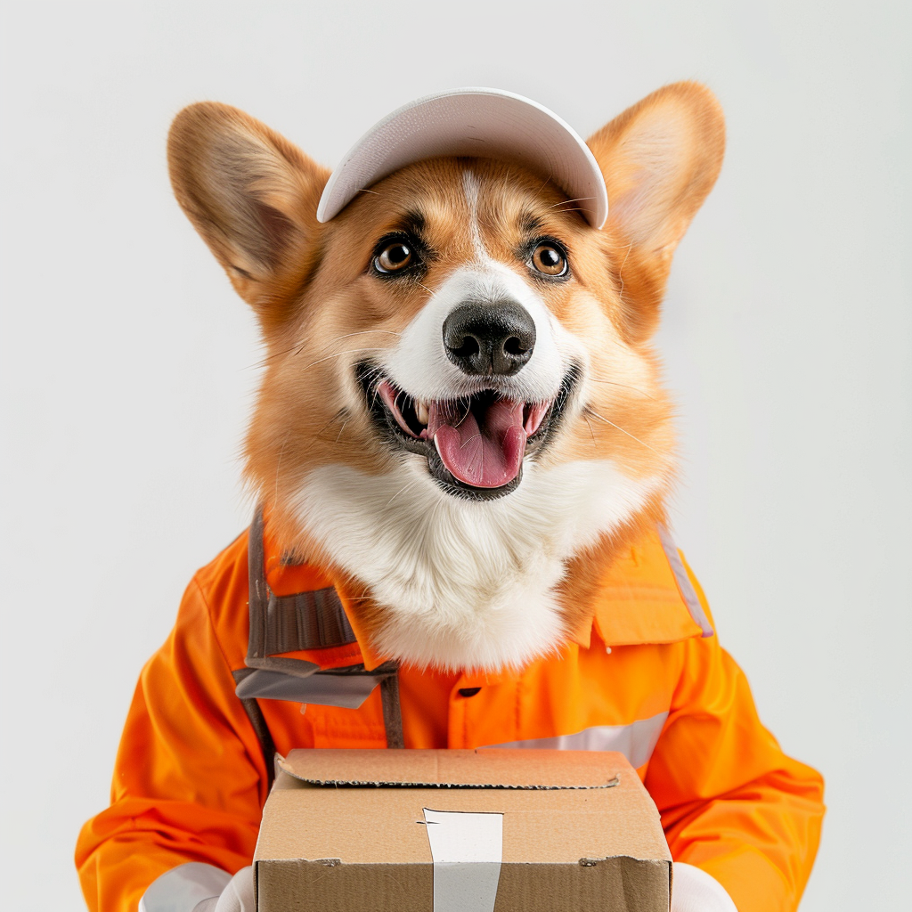 Corgi dog in orange biker uniform