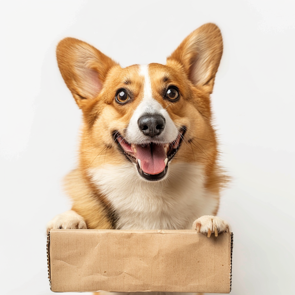 Happy corgi deliveryman with parcel