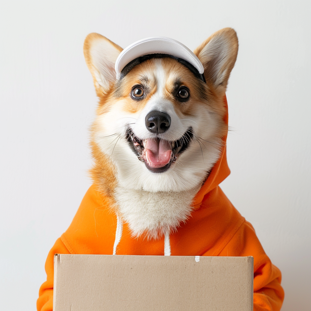 Corgi deliveryman holding empty paper box