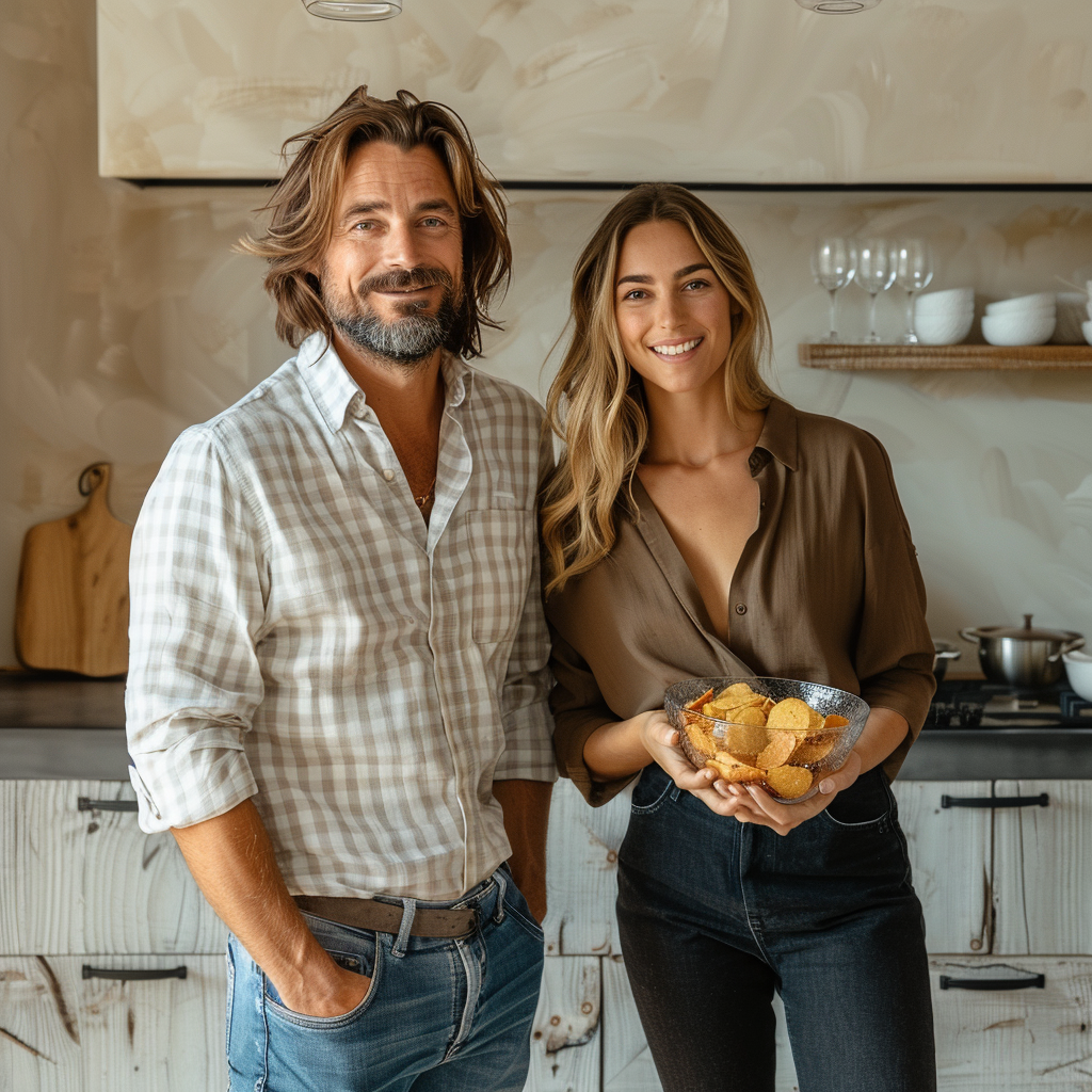 Man and woman eating snacks