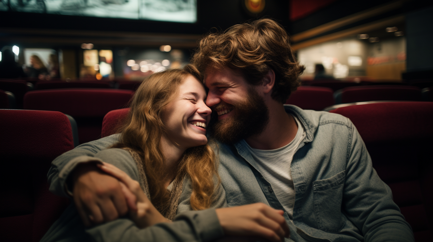 Smiling couple enjoying movie at theatre