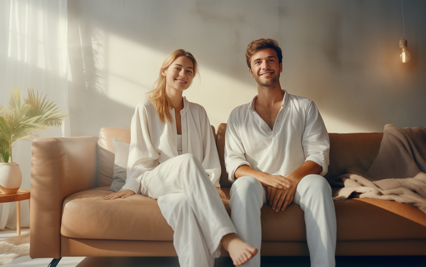 Young couple sitting happily on a sofa