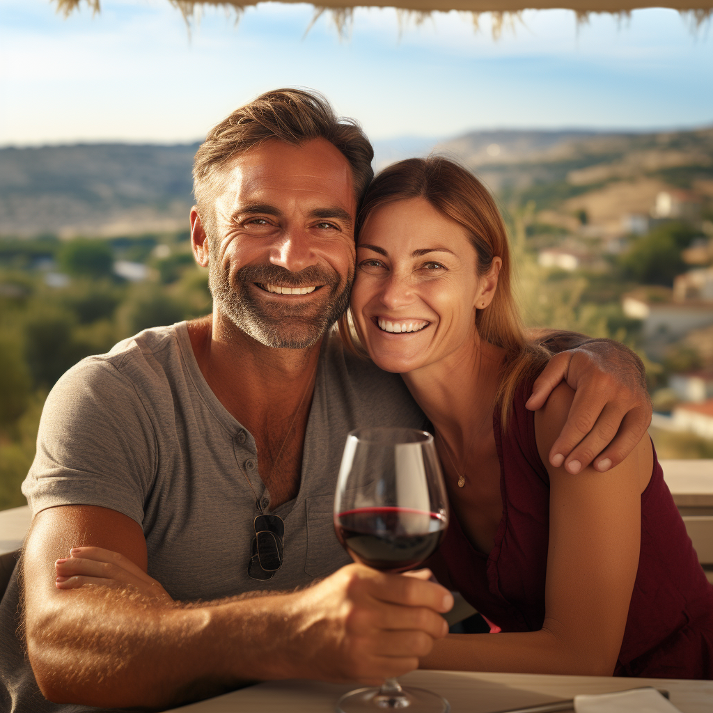 Happy couple enjoying wine on open terrace in Provence