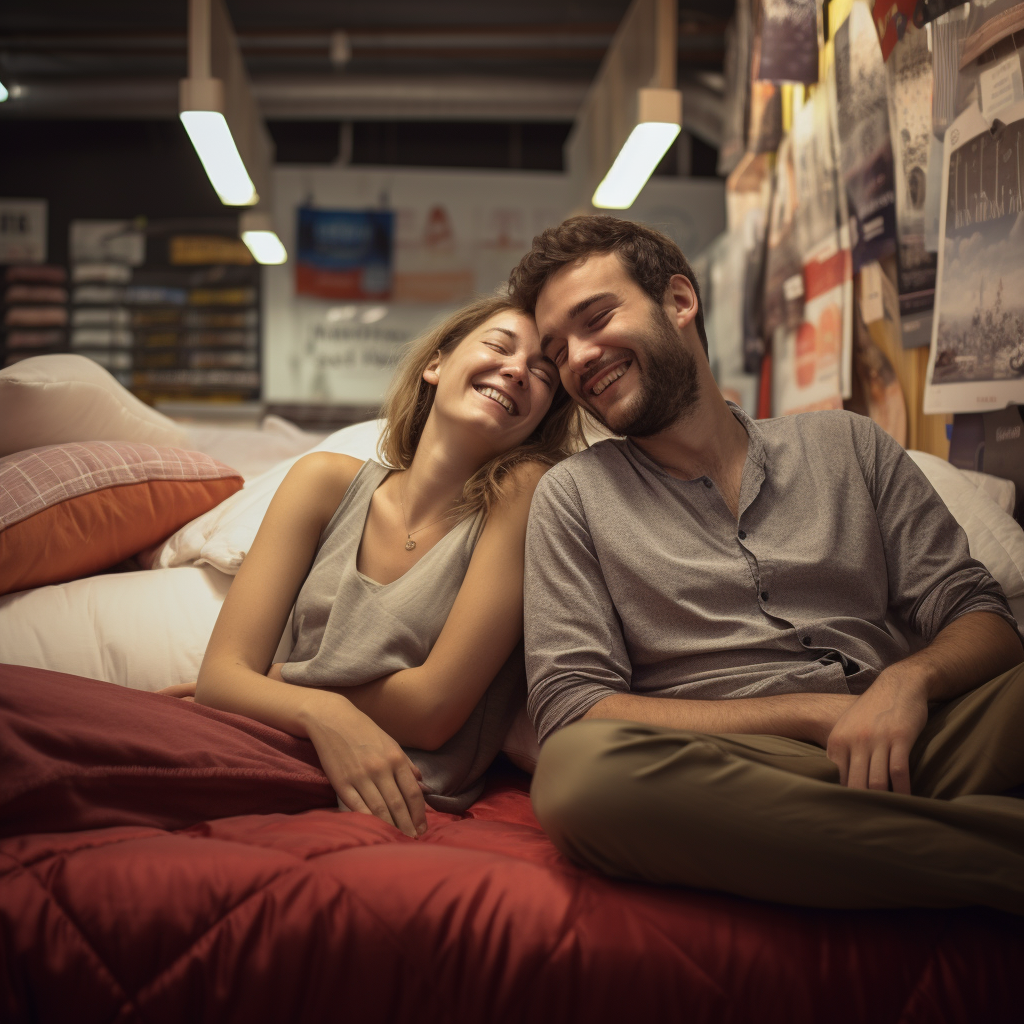 Happy couple enjoying comfort on mattress