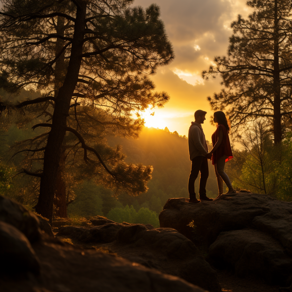 Smiling couple hugging in serene forest at sunset