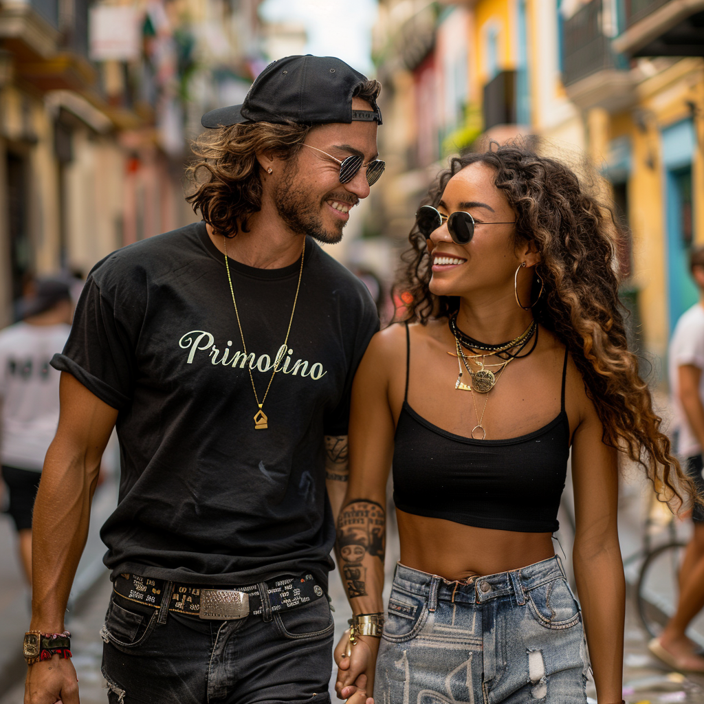 Couple walking with Primolino shirts