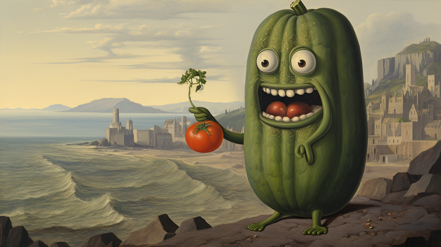 Happy cucumber enjoying a sad tomato on a beach with a cityscape