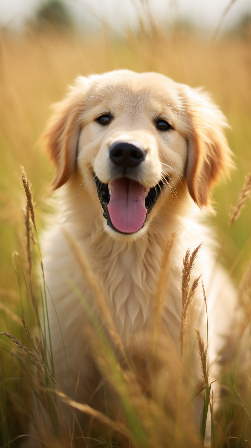 Adorable golden retriever puppy playing on green grass