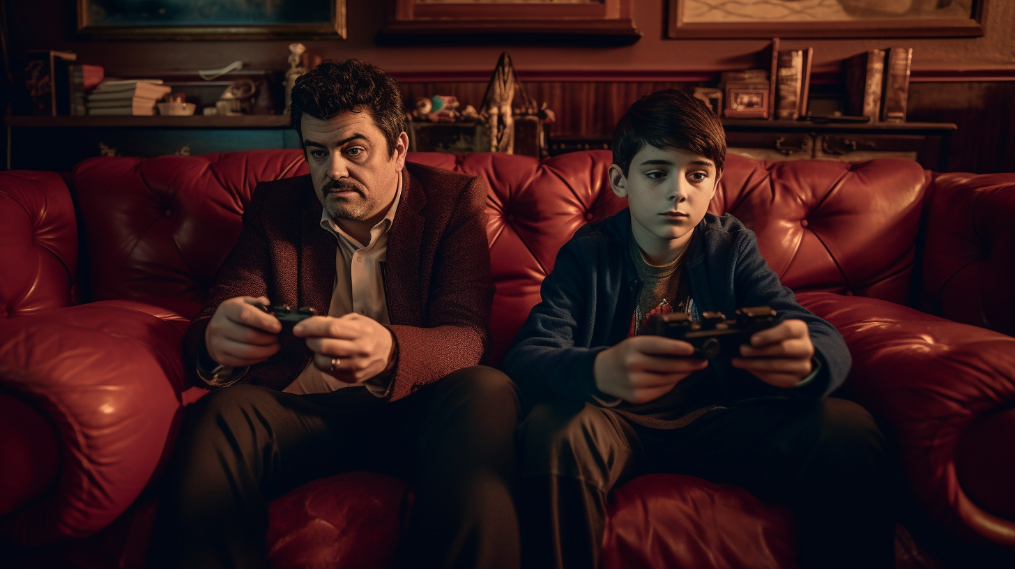 Happy dad and child playing videogames