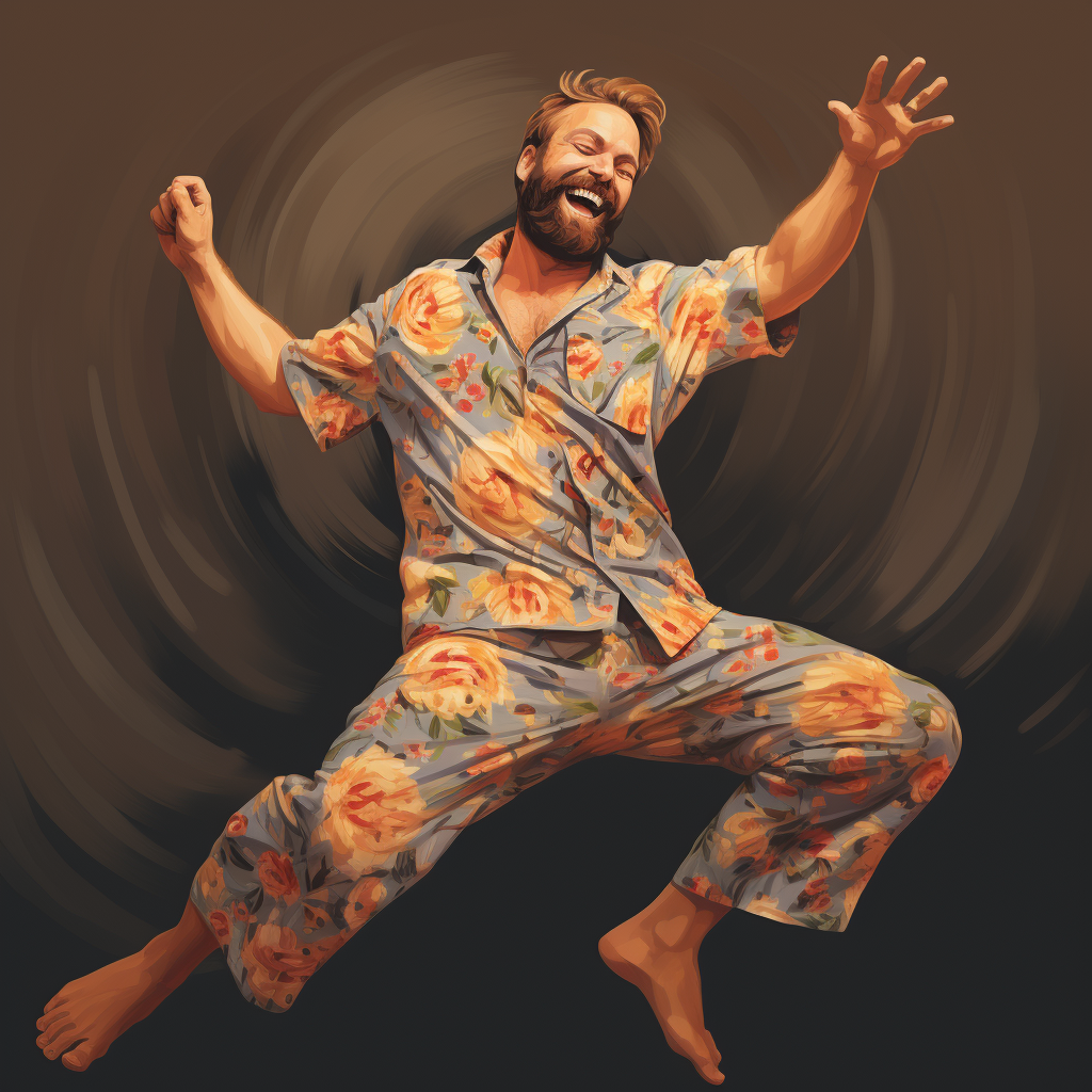 Man happily dancing in pajamas