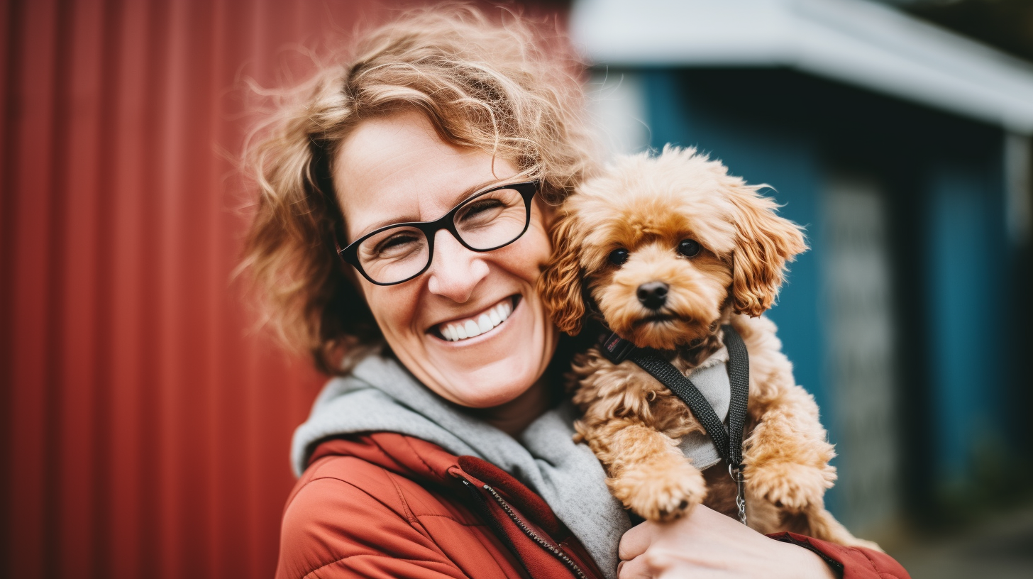 Smiling Danish woman with cute poodle puppy